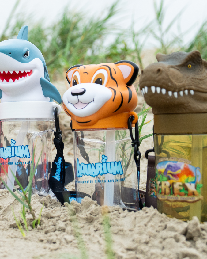 Two clear cylindrical water bottles with a blue "AQUARIUM, AN UNDERWATER DINING ADVENTURE", in the center, featuring animal head lids and black lanyards with "AQUARIUM" written on them. Next to them is a green bottle with a T-rex cap and "T-REX" written on the center with a dinosaur image. The background is a gravel surfaced background. 