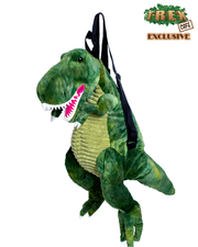 green shaped t-rex backpack with black, adjustable straps.