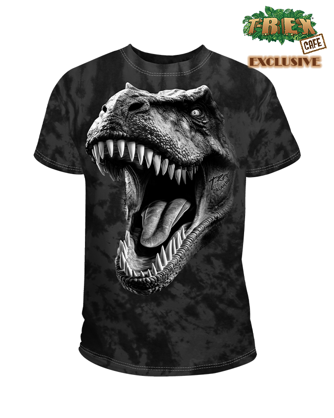 charcoal tee featuring a T-Rex face with it's mouth opened.