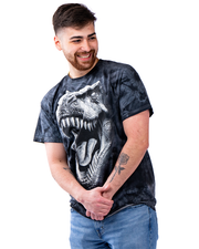 male model wearing big face tee and denim. he is holding both his hands, laughing and looking to the side