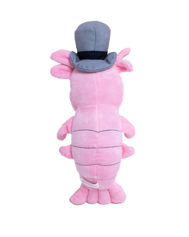 Back view. Shrimp Louis plush toy with a pink body and a smiling face. The toy stands upright and has a cylindrical shape with segmented sections, resembling a shrimp’s body. It wears a gray top hat on its head, adding to its whimsical appearance.