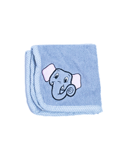 A soft, light blue burp cloth neatly folded, featuring a cute embroidered elephant design with pink ears and a playful expression. The cloth is edged with a patterned trim, providing a gentle and soothing appearance against a white background.