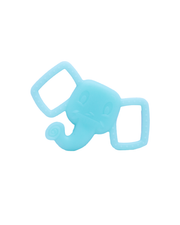 The image features a light blue, plastic baby teether shaped like an octopus. It has two square holes for eyes and a spiral pattern on one of its tentacles, set against a soft white background.