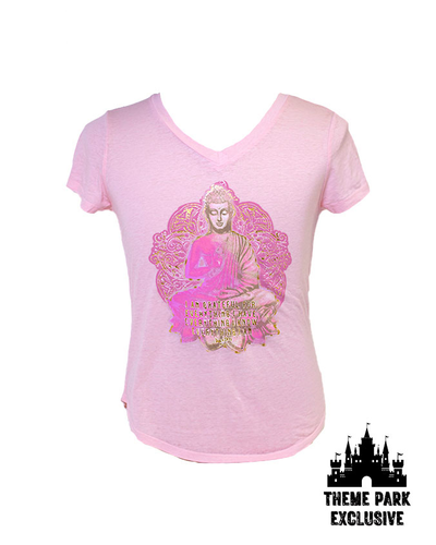 Light pink tee with floral Buddha design in center chest and "Theme Park Exclusive" tags in corners.