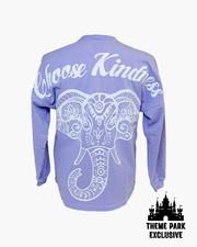 Back of jersey with white cursive across shoulders saying "Choose Kindness" and flower tribal elephant design on back with "Theme Park Exclusive' tags in corner.