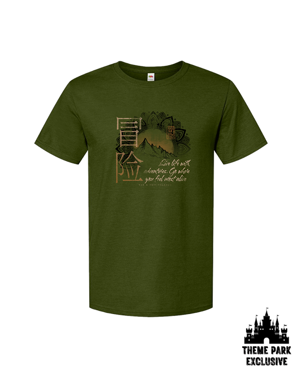 Military green tee that reads "live life with adventures. go where you feel most alive" in gold writing. Image of mountains silhouette with a floral shape behind it. on the left side, symbols that interpret to "Adventure".