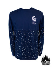 Navy blue long sleeve with star design on bottom half and Yak & Yeti butterly moon branding on left chest area. "Theme Park Exclusive" tags in top and bottom corner.