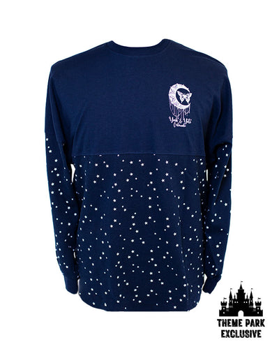 Navy blue long sleeve with star design on bottom half and Yak & Yeti butterly moon branding on left chest area. "Theme Park Exclusive" tags in top and bottom corner.