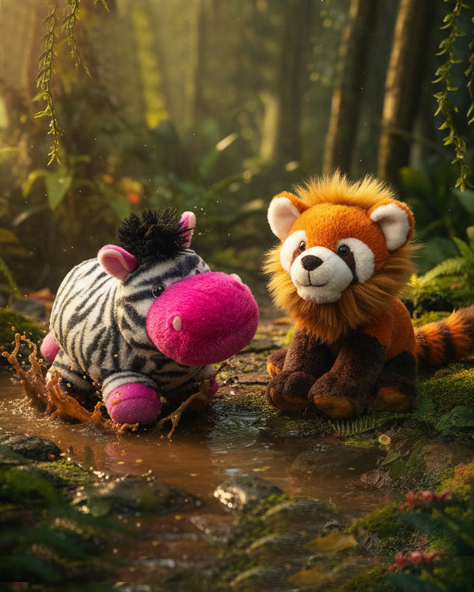 Two plush toys, a zeppo and a red pandion standing in a forest setting.