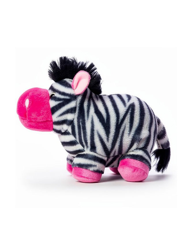Side of the Plush zeppo toy with pink accents on a white background