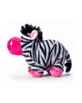 Side of the Plush zeppo toy with pink accents on a white background