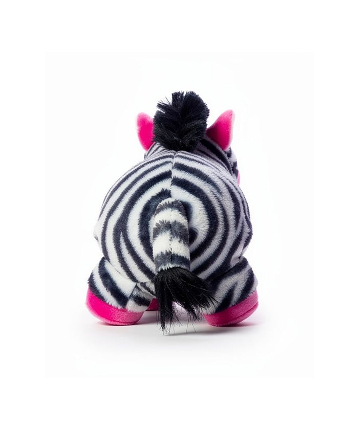 Back of plush zeppo toy with pink hooves on a white background