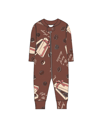 Graphic design illustration of the brown tagless Box of Chocolates infant romper that has a chocolates pattern with "Mama always said" and "Life is like a box of chocolates" in white cursive.