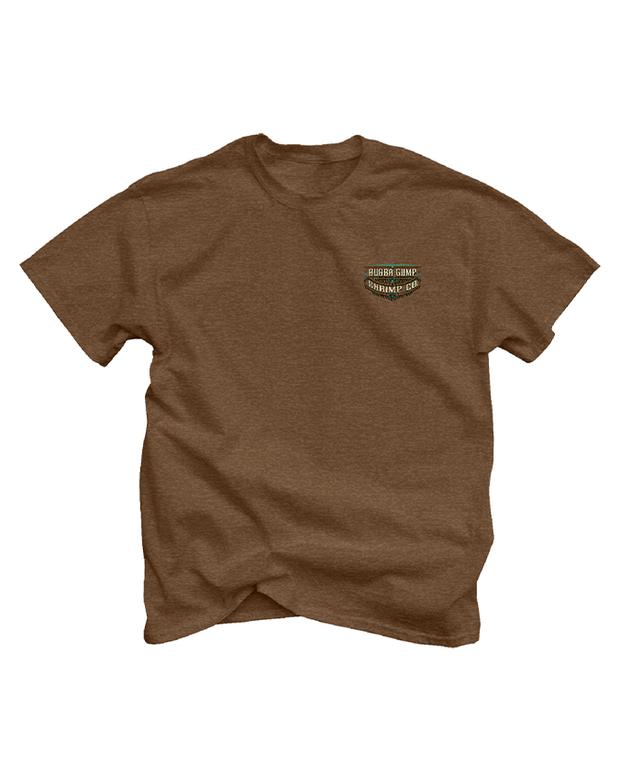 front view of brown tee. on left chest, reads "bubba gump shrimp co."