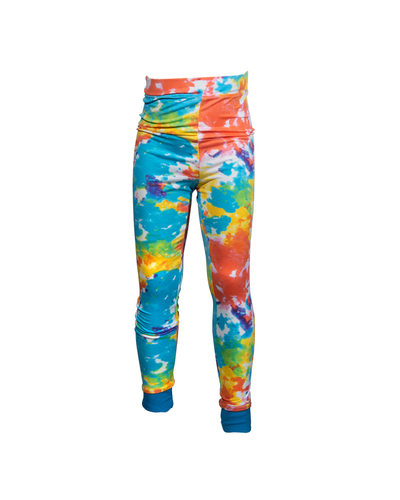 Vibrant tie dye splatter youth jogger with blue cuffs on ankles.
