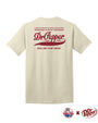 Dr. Pepper and Bubba Gump collaboration. Back view of oatmeal t-shirt with a vintage Dr. Pepper logo printed on the back. The text reads a quote from Forest Gump "I must've drank me fifteen Dr. Peppers" and includes 'Bubba Gump Shrimp Company' at the bottom of the Dr. Pepper logo.