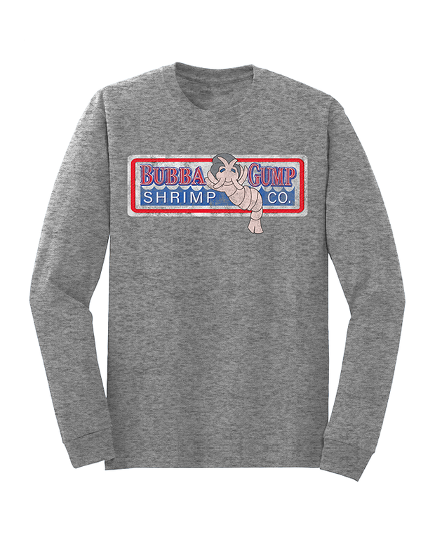 grey long sleeve shirt with authentic Bubba Gump Shrimp Co. Logo that has Shrimp Louie with a Top Hat.