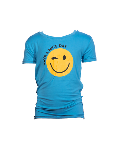 Blue tee with a yellow winking smiley face and "Have a nice day" in black font in the middle.