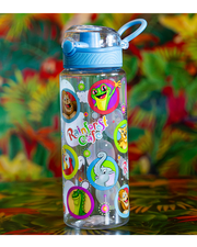 Clear water bottle with blue push-button lid that can hold 23 fluid ounces and has Rainforest Cafe characters as bottle design. background of palm leaves.