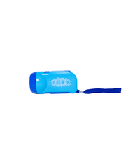 Dark and light blue mini flashlight with wrist strap and T-Rex Cafe logo on the side.