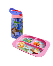 A colorful children’s lunch set featuring a pink tray with divided sections and a purple water bottle. The tray is adorned with illustrations of animals like elephants, crocodile, and iguana in various playful scenes. Accompanying the tray is a water bottle that showcases a gorilla surrounded by polka dot background. The tray is filled with healthy snacks, including carrot sticks and diced apples making it an appealing mealtime accessory for kids.