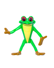 A colorful toy frog with a green body, yellow belly, and brown hands and feet, standing upright with arms outstretched. The frog’s large, red eyes with black pupils give it a friendly and animated expression. The white background accentuates the bright colors and playful posture of the toy.