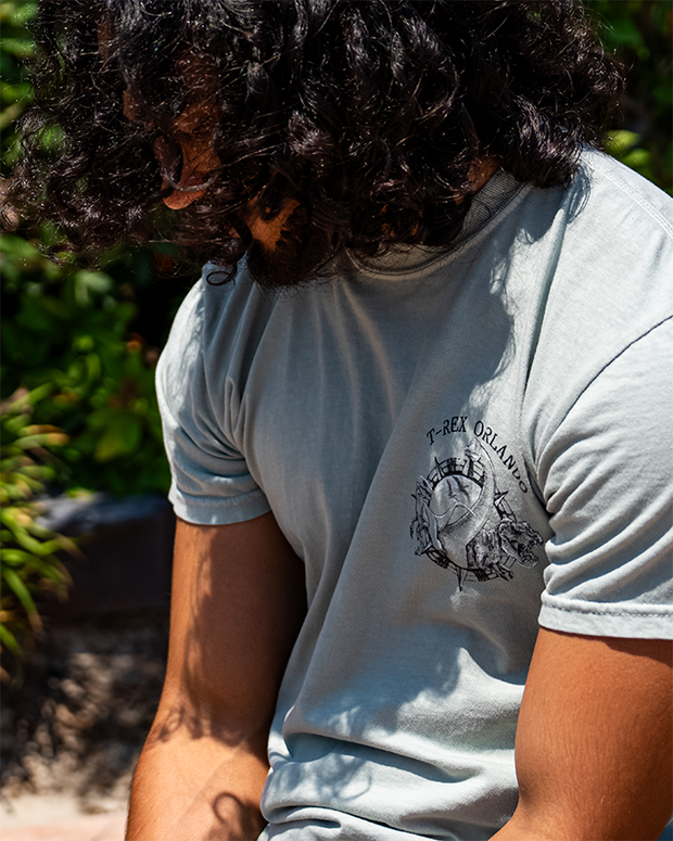 a close up of male model showing the chest graphic of the tee. Front of Dinosaur Compass shirt with left chest design matching back.