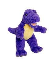standing purple t-rex plush with yellow belly.