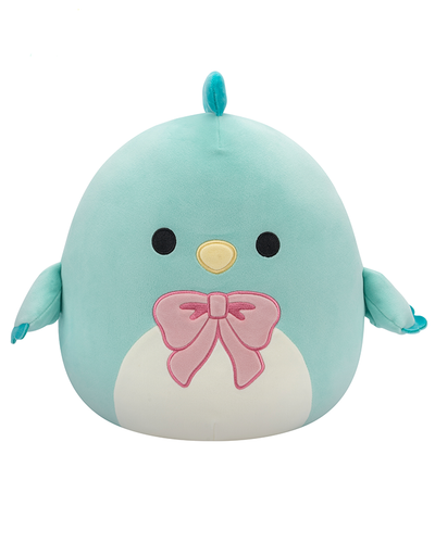 The image features a cute, round plush toy with a turquoise body, a small yellow beak, black eyes, and flippers. It has a white belly adorned with a pink bow, giving it an adorable appearance.