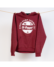 Burgundy hoodie with black drawstrings. In center chest, reads "bubba gump shrimp co." curved over the Dr Pepper circular logo. Hoodie is pined on a clothing line.
