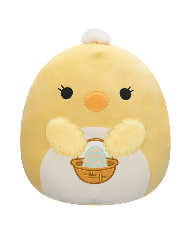 A cute, round yellow plush chick holding a basket with a decorated Easter egg, featuring soft details and a fluffy top tuft.