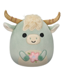 A cute plush cow with green fur, smiling face, and golden horns, holding a pink flower between its paws.