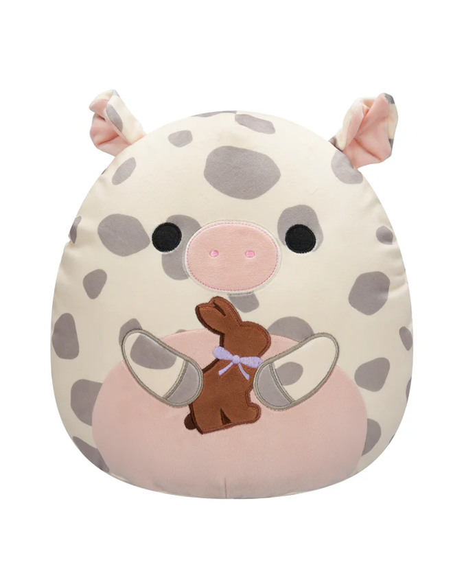 Round, plush pillow shaped like a pig with a bunny in a playful pose, featuring soft pastel colors and embroidered details.