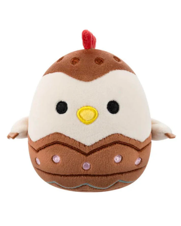 Plush toy shaped like an owl with a red tuft on top, brown and white body, and small wings.