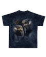 Graphic t-shirt with an artistic illustration of two elephants with intertwined trunks, set against a dark blue background that suggests a night sky. A subtle palm tree outline and the artist’s signature ‘Rainforest Cafe’ add a unique touch to the design
