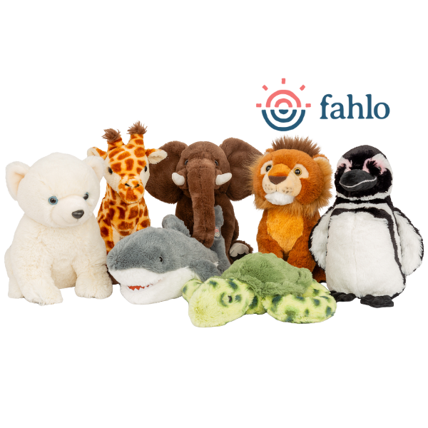 A variety of plush animal toys including a polar bear, giraffe, elephant, lion, shark, and penguin, alongside the Fahlo logo.