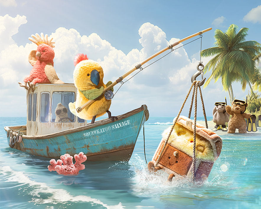 Animated scene with a yellow parrot on a boat and other characters in a tropical setting.