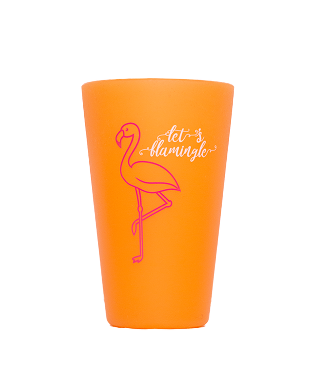 Rainforest Cafe silicone pint, silicone pint cup, orange cup, orange cup with flamingo, lets flamingle cup, Rainforest Cafe Let's flamingle Silicone