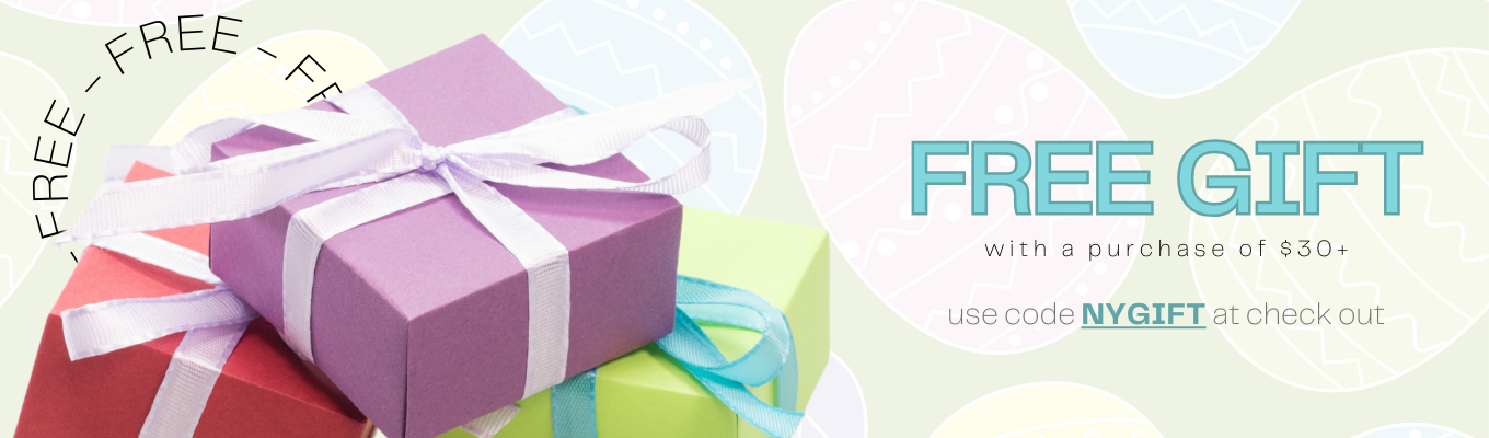 Colorful gift boxes stacked with a promotion for a free gift with a $30 purchase using code NYGIFT at checkout.