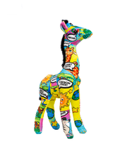 giraffe plush with colorful comic patterns containing message bubbles and safari animals,