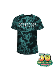 green and black tie dye shirt, in white letters on chest reads "got frogs?".