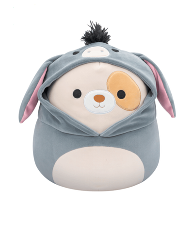 The image features a cute plush toy with a round body, designed to resemble a dog wearing a grey hoodie with donkey ears and a small tuft of black hair on top. The plush has a bear-like face with brown eyes and a small nose, and the grey hoodie with pink inner ears adds a playful touch.
