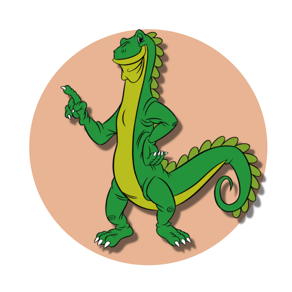 a green, anthropomorphic dinosaur character standing upright on two legs. It has a friendly expression, a long tail, and scales along its back. The dinosaur is gesturing with its right hand, as if waving or pointing to something. Set against a round, peach-colored background.