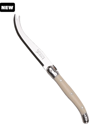 stainless steel cheese knife with "laguiole jean dubost france" engraved on it. ivory color handle.