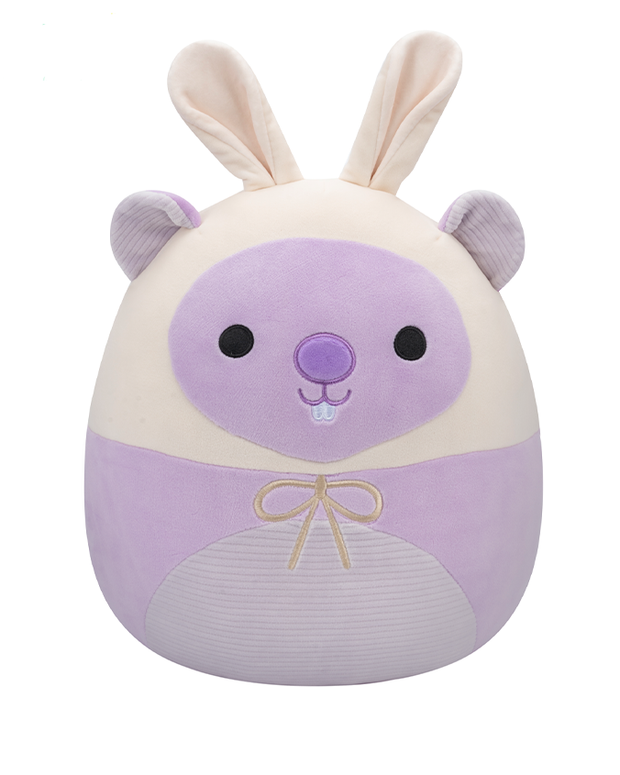 The image features a plush toy with a combination of groundhog wearing bunny ears. It has a round body divided into cream and purple colors, with bunny ears, and a cute face with a small bow tie. 