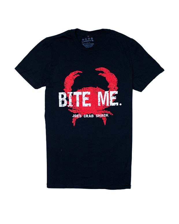 Black tee shirt with red crab. In white words, over the crab reads "Bite Me." and under it "joe's Crab Shack".