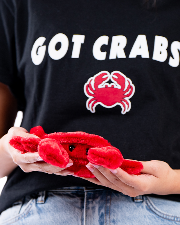 A person wearing a black t-shirt with the humorous text ‘GOT CRABS’ and an image of a red crab, playfully holding a red plush crab toy, paired with light blue denim jeans, against an indistinct background.