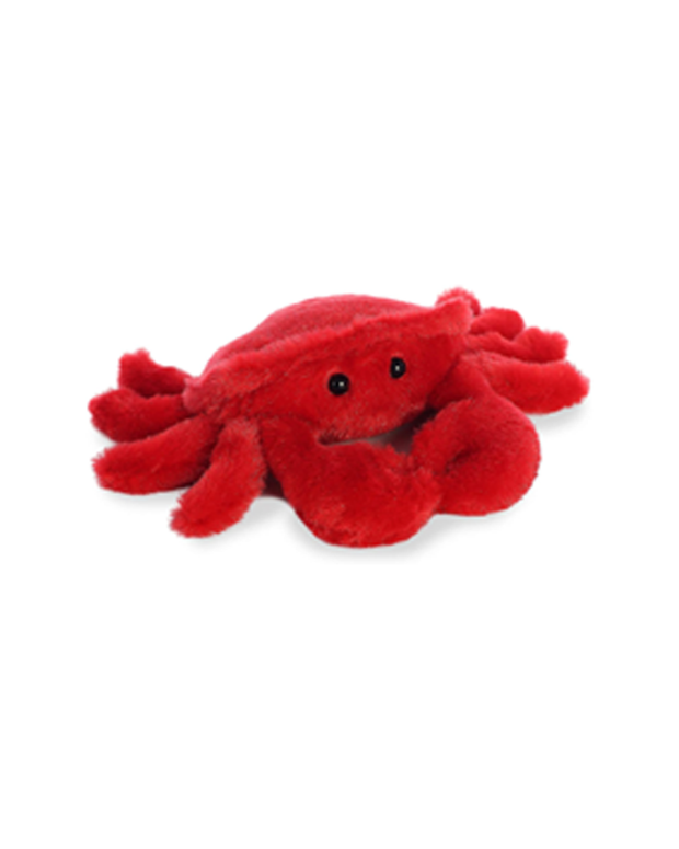 A soft, plush toy crab with a bright red color and two black eyes, positioned on a white background, giving it a cheerful and inviting appearance.