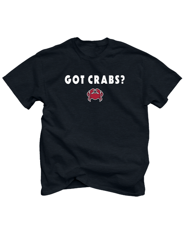 A black t-shirt with the playful query ‘GOT CRABS?’ in bold white letters, accompanied by a stylized red crab icon, all presented on a clean white background.