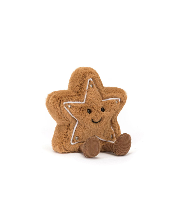 Star-shaped plush toy with a smiling face on a white background